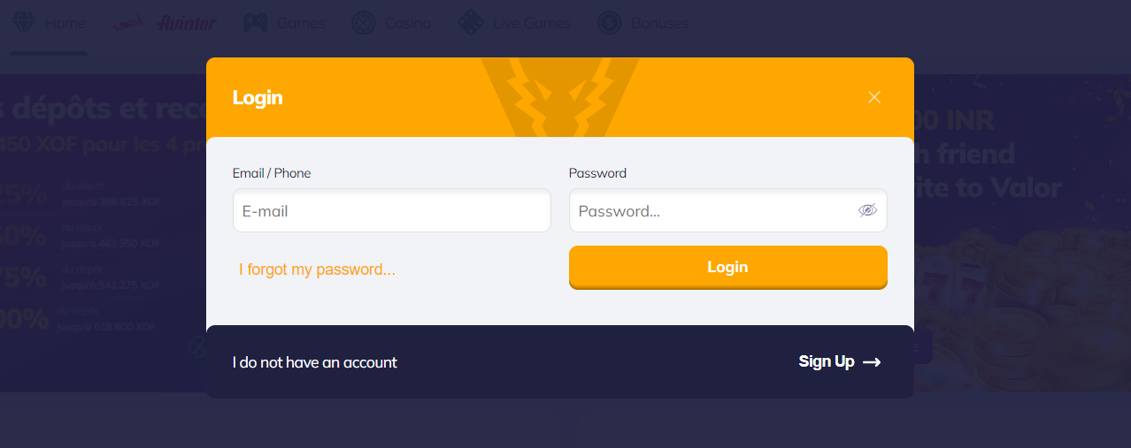 ValorBet login to the casino site