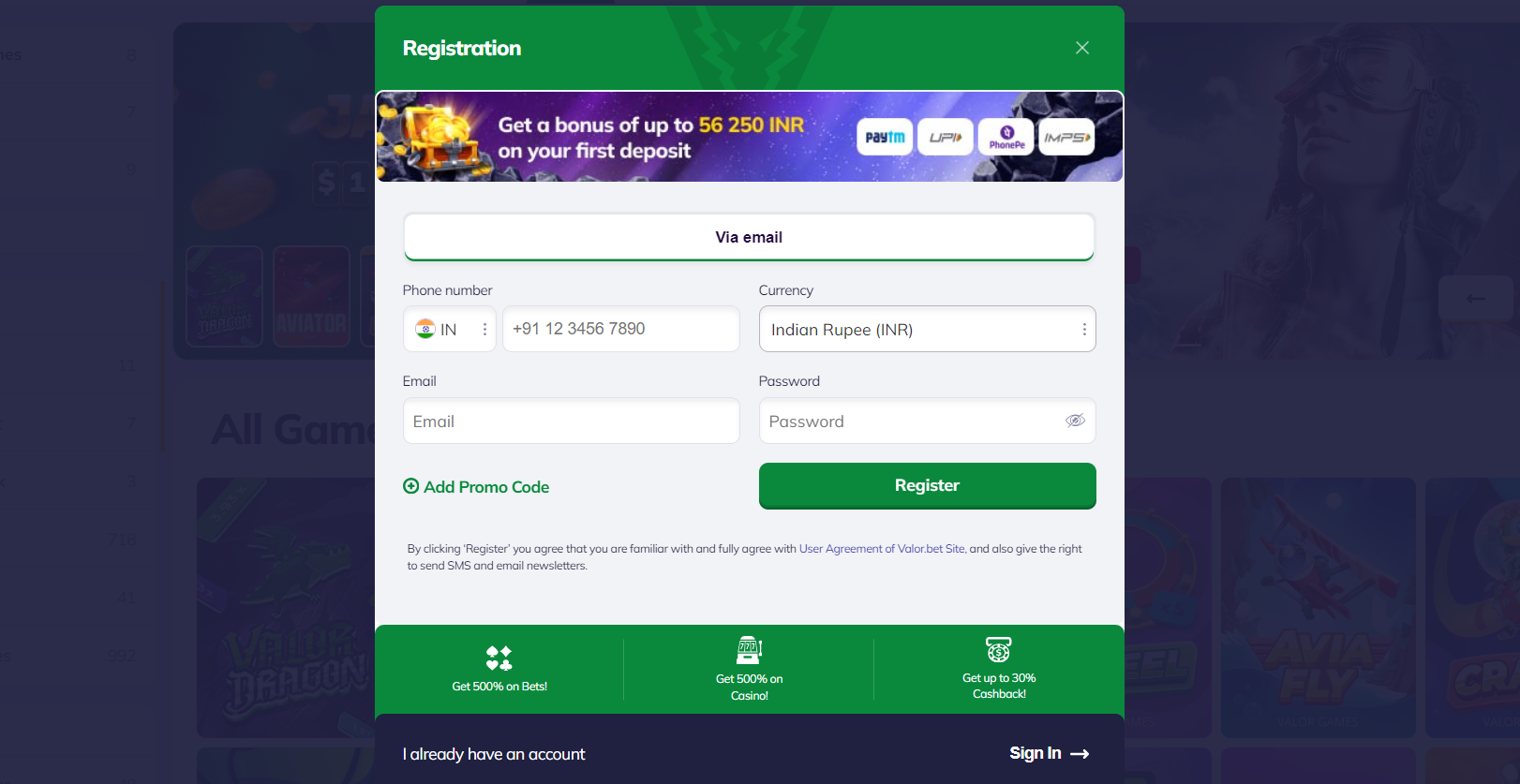 ValorBet registration steps for Indian players